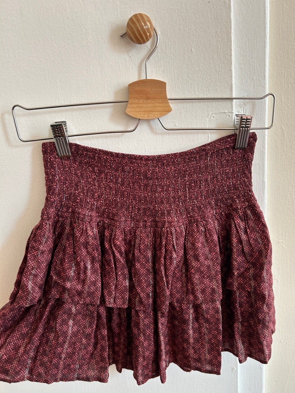 The Are - Smocked Waist Burgundy Patterned Mini Skirt